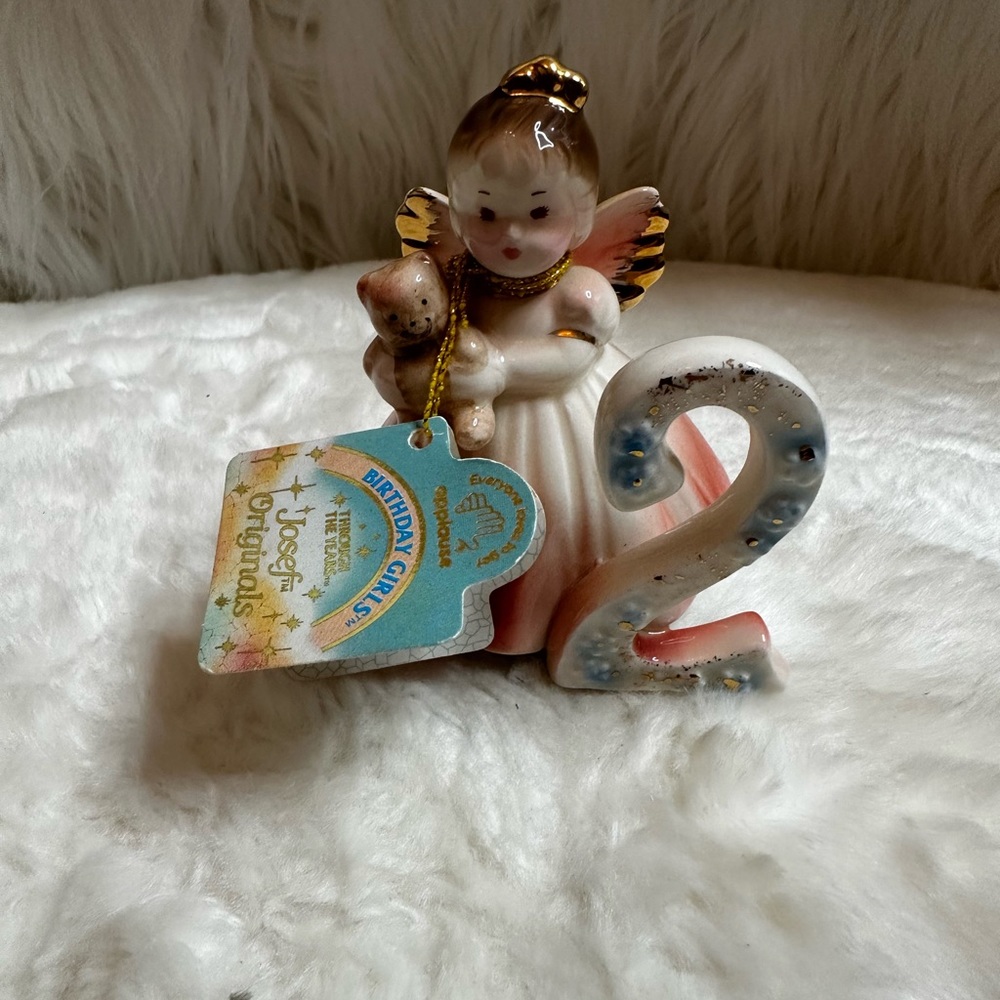 Josef Originals Figurine 2 Year Old Birthday Girl Teddy Bear Ceramic Taiwan Tag